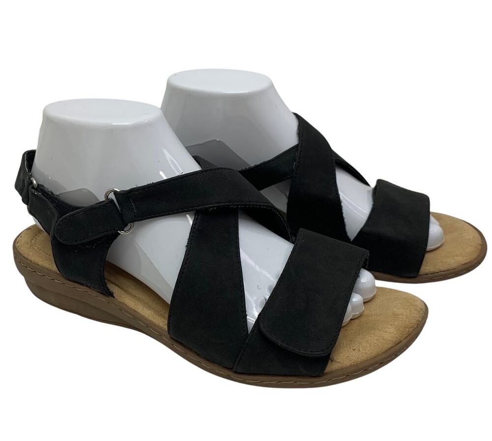 Cobbie Cuddlers Strappy Black Leather Cutout Sandals Slip On Womens 8 WIDE